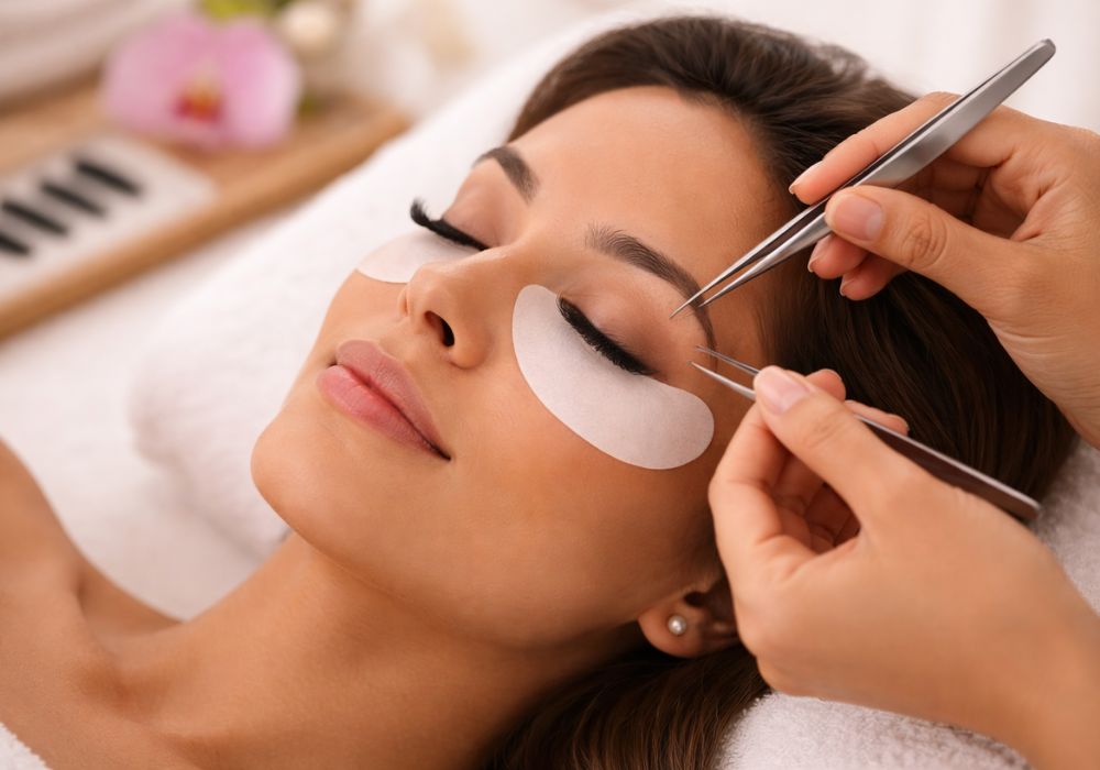 Close-up of eyelash extensions being applied during a professional beauty treatment.