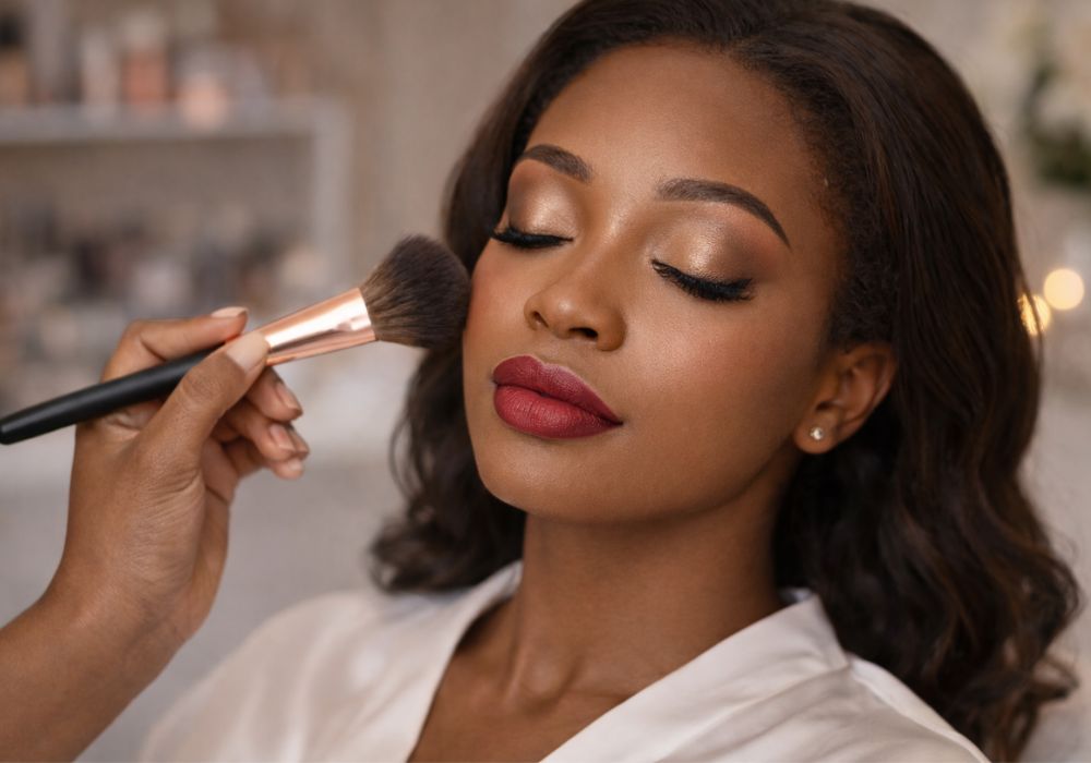 African woman receiving professional makeup application in a clean and elegant beauty setting.